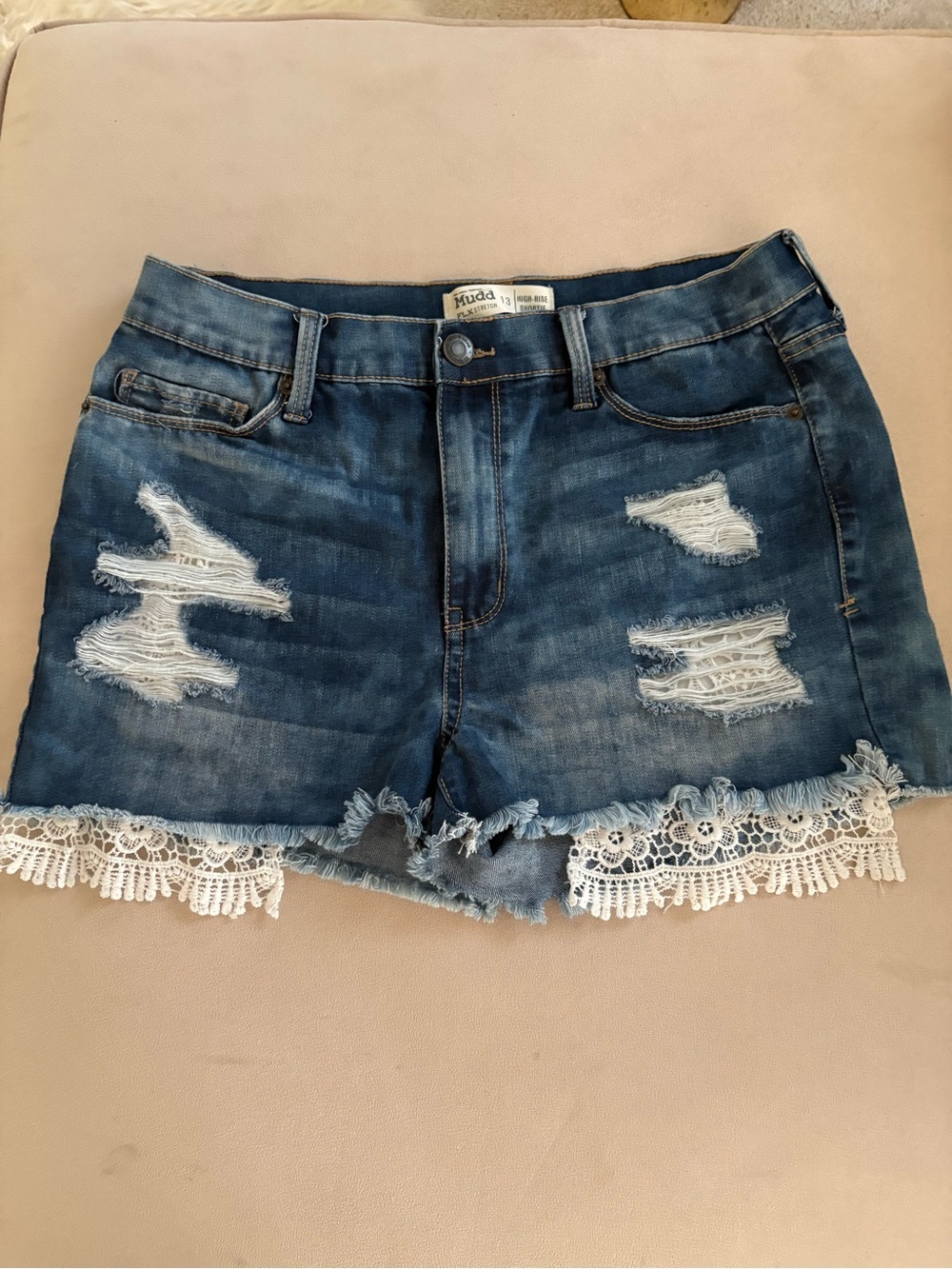 Mudd Washed Blue Distressed Denim Shorts with White Lace Trim